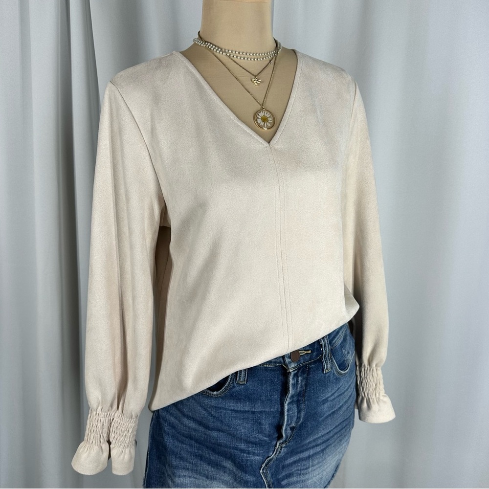 THML Anthropology Faux Suede Top Sz M Tan Microfiber Stretch Bohemian Hippie